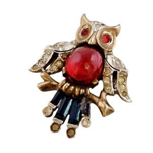 Vintage Signed Trifari Alfred Philippe Jelly Belly Style Tiny Owl Brooch (A5864)